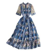 Polyester Waist-controlled One-piece Dress large hem design & slimming floral blue PC