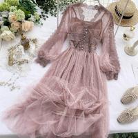 Lace One-piece puff sleeve fashion  dress see through look mesh dress women lady elegant &solid color &long sleeve
