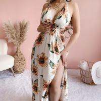 Polyester Slip Dress deep V & side slit & backless & off shoulder printed floral PC