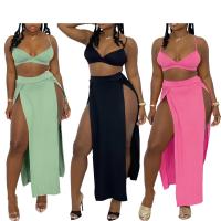 Polyester Two-Piece Dress Set backless & breathable patchwork Solid Set