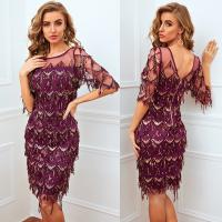 Polyester Tassels One-piece Dress see through look & backless Sequin patchwork PC