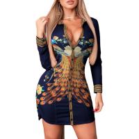 Polyester Slim & Step Skirt Sexy Package Hip Dresses printed Navy Blue PC