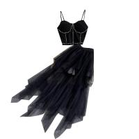 Cotton Slim Two-Piece Dress Set backless patchwork black Set