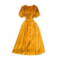 Cotton Linen High Waist One-piece Dress large hem design Solid PC
