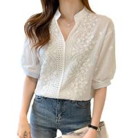 Lace & Cotton Women Short Sleeve Shirt embroider floral white PC