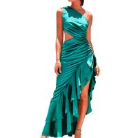 Cotton One-piece Dress irregular & side slit & backless & off shoulder & hollow & One Shoulder patchwork Solid green PC