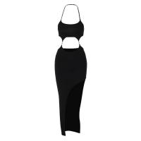 Spandex & Polyester Backless Dress side slit & hollow plain dyed Solid black PC
