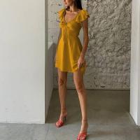 Polyester Waist-controlled One-piece Dress deep V patchwork Solid yellow PC