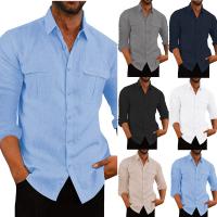Linen Men Long Sleeve Casual Shirts & loose & with pocket Solid PC