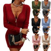 Cotton Slim & Plus Size Sexy Package Hip Dresses deep V knitted Solid PC