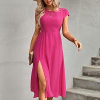 Polyester One-piece Dress side slit patchwork Solid fuchsia PC