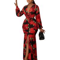Polyester front slit Sexy Package Hip Dresses deep V printed PC
