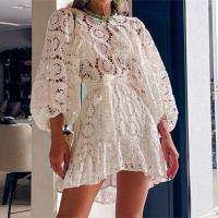 Polyester Waist-controlled One-piece Dress & hollow crochet Solid white PC
