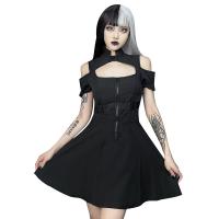 Polyester High Waist One-piece Dress mid-long style & off shoulder & hollow patchwork Solid black PC