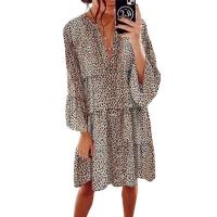 Polyester One-piece Dress mid-long style & loose printed leopard gray PC