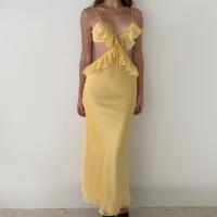 Polyester scallop Slip Dress backless patchwork Solid yellow PC
