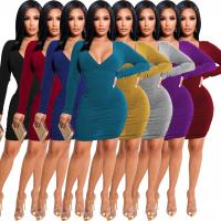 Polyester Sexy Package Hip Dresses deep V patchwork Solid PC