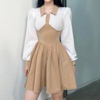 Polyester One-piece Dress slimming patchwork khaki PC