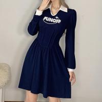 Cotton One-piece Dress slimming printed letter blue PC