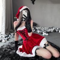 Pleuche Sexy Christmas Costumes christmas design & four piece dress & collar & glove & hat Solid red : Set