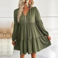 Viscose Fiber One-piece Dress & loose patchwork Solid army green PC