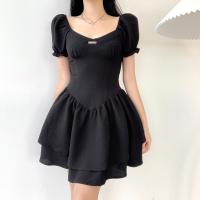 Polyester Layered One-piece Dress slimming patchwork Solid black PC