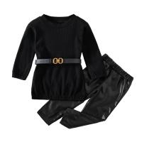 PU Leather & Cotton Slim Girl Clothes Set & two piece Pants & top patchwork Solid black Set