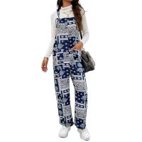 Polyester Women Suspender Trousers & loose & with pocket printed blue PC