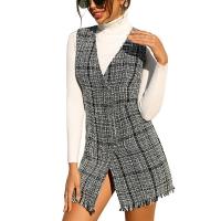 Polyester A-line One-piece Dress mid-long style & deep V patchwork plaid PC