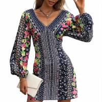 Polyester One-piece Dress mid-long style & deep V printed shivering Navy Blue PC