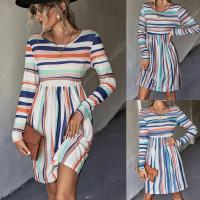 Polyester A-line One-piece Dress mid-long style patchwork striped PC