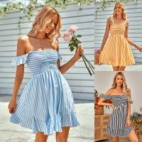 Polyester scallop & A-line One-piece Dress & off shoulder striped PC