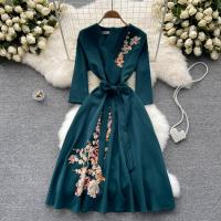 Mixed Fabric long style & A-line One-piece Dress & with belt embroidered floral PC