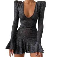 Polyester Sheath One-piece Dress deep V patchwork Solid PC