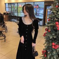 Velour One-piece Dress slimming Solid black PC