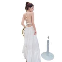 Polyester Slim Slip Dress backless & off shoulder patchwork Solid white PC