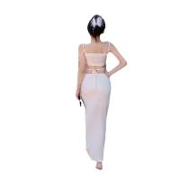 Polyester Slim & High Waist Slip Dress side slit & backless & hollow patchwork Solid white PC