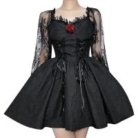 Polyester Waist-controlled & A-line One-piece Dress mid-long style & slimming patchwork floral black PC