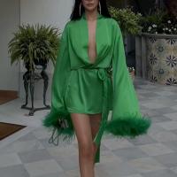 Polyester Waist-controlled One-piece Dress patchwork Solid green PC