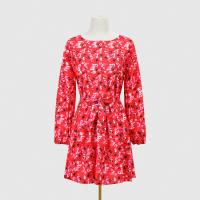 Polyester & Cotton One-piece Dress & with belt & above knee printed floral PC