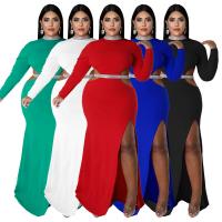 Polyester long style One-piece Dress side slit patchwork Solid PC