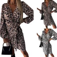 Polyester Slim & Plus Size One-piece Dress deep V printed leopard PC