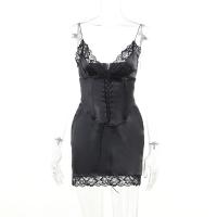 Polyester Slim Sexy Package Hip Dresses & two piece girdle & skirt patchwork Solid black Set