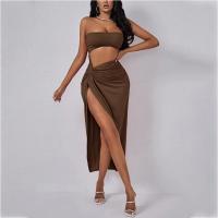 Polyester Slim One-piece Dress side slit & backless Solid coffee PC
