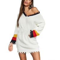 Polyester Sweater Dress & off shoulder & loose Cotton Solid white PC
