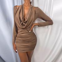 Polyester Slim Sexy Package Hip Dresses Solid coffee PC