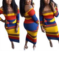 Polyester Slim Sexy Package Hip Dresses & off shoulder striped mixed colors PC
