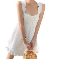 Polyester Waist-controlled & stringy selvedge & A-line One-piece Dress slimming patchwork Solid white PC
