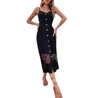 Polyester Slim & front slit One-piece Dress backless & hollow patchwork patchwork black PC
