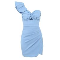 Polyester Slim Sexy Package Hip Dresses backless & off shoulder & One Shoulder patchwork Solid blue PC